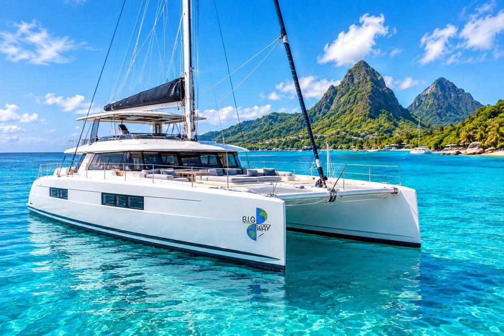 Luxury catamaran with the B.I.G WAY logo near tropical peaks