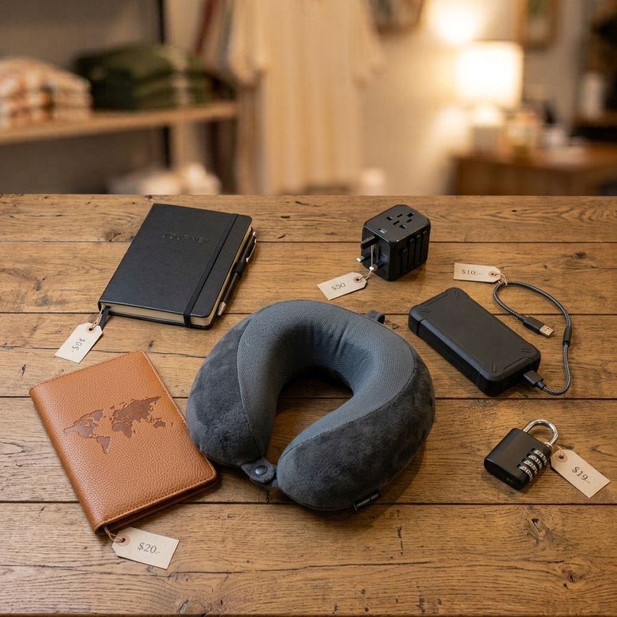 Travel items: notebook, passport holder, neck pillow, power bank, adapter and luggage lock