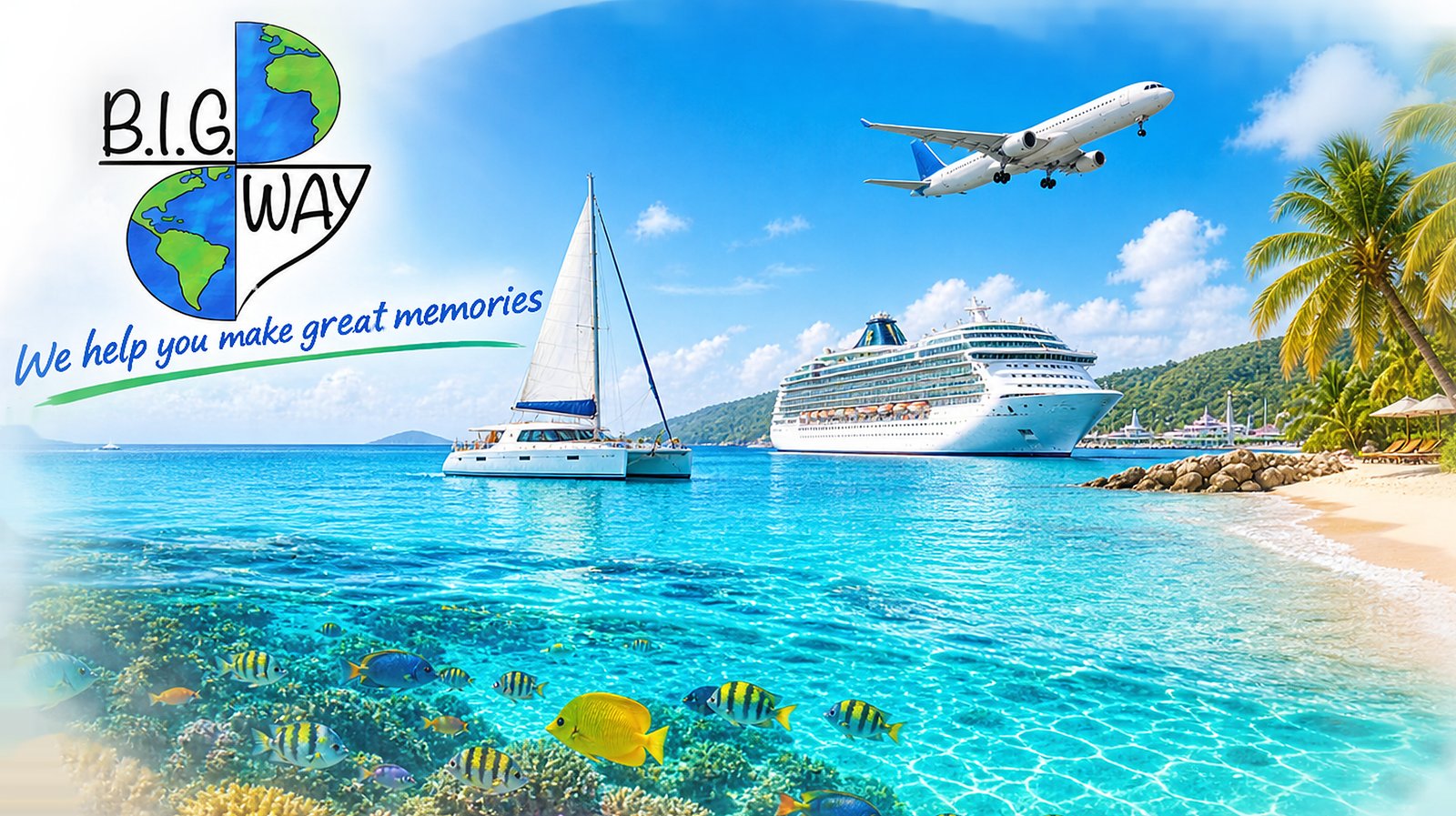 Turquoise water with a cruise ship, a sailing yacht, a plane and a beach resort. B.I.G WAY: we help you make great memories.